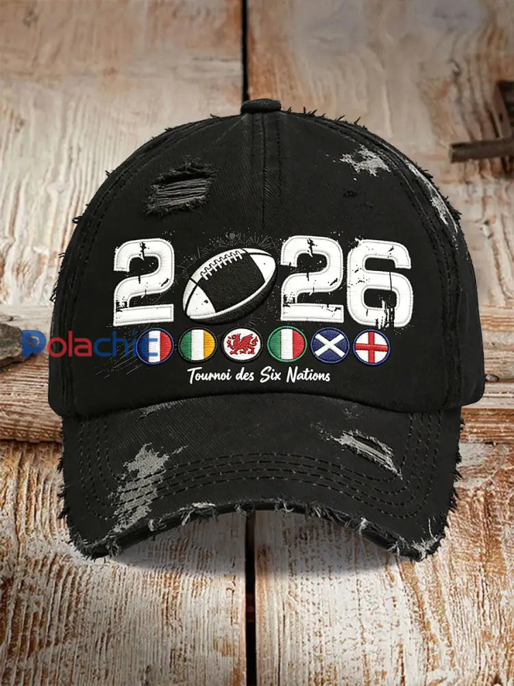 2026 Rugby Six Nations Vintage Distressed Print Casquette Décontractée Noire Noir / 58CM
