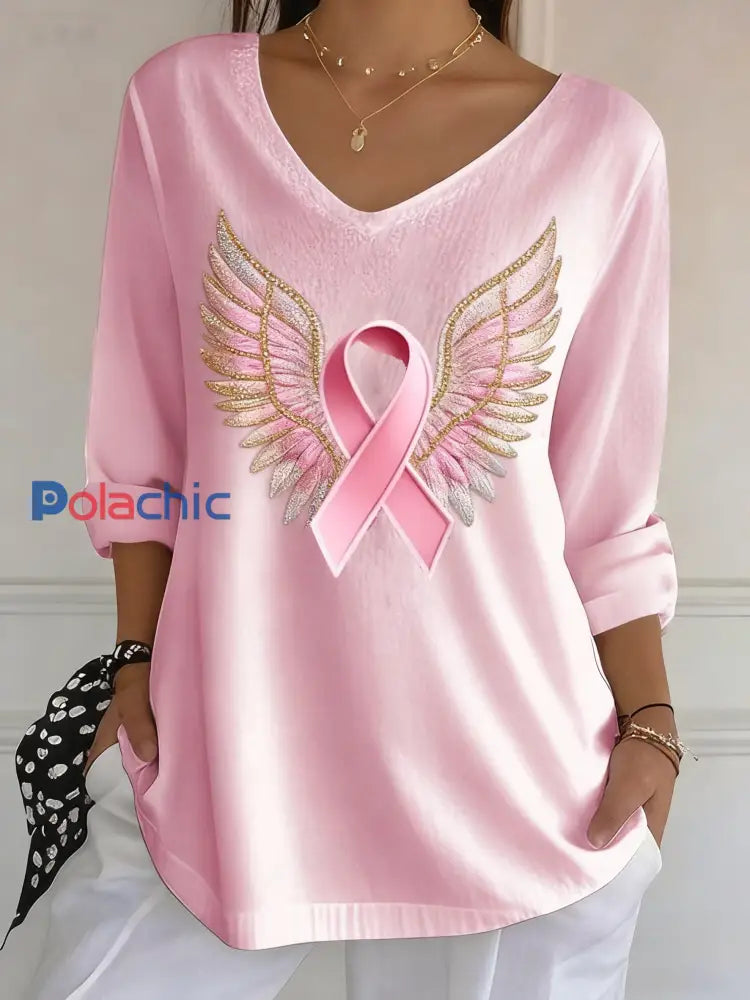 Ailes de ruban de contraste rose décontracté pour femmes T-shirt à manches longues imprimé ruban Rose / S