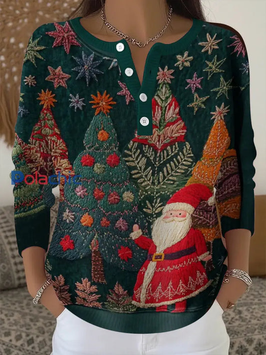 Arbre de Noël des femmes Père Noël Imprimer Bouton Top Vert Foncé / S
