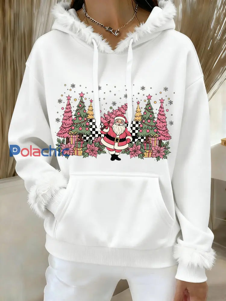 Arbre de Noël Père Noël Imprimer Casual Hoodie Femme Blanc / S