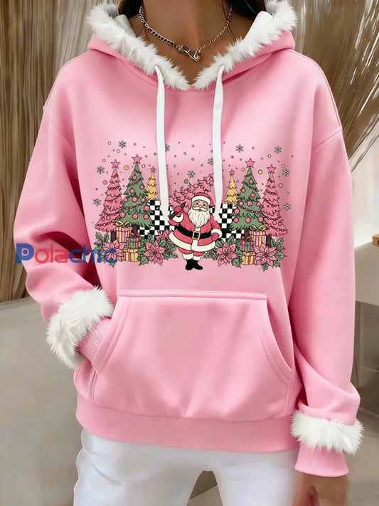 Arbre de Noël Père Noël Imprimer Casual Hoodie Femme Rose / S