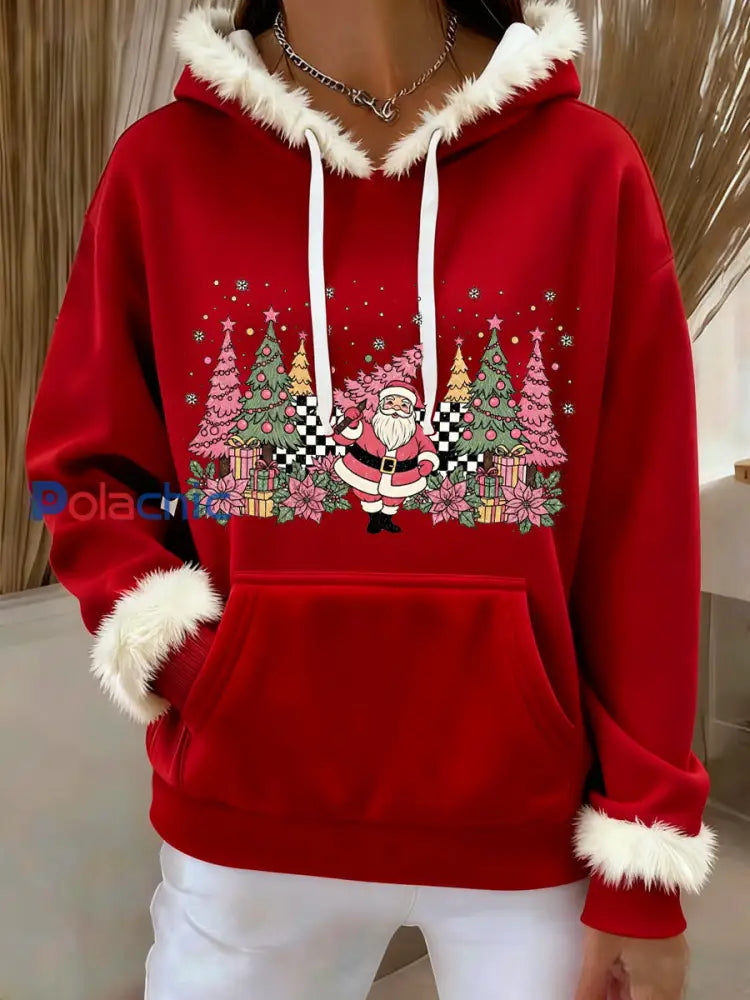 Arbre de Noël Père Noël Imprimer Casual Hoodie Femme Rouge / S