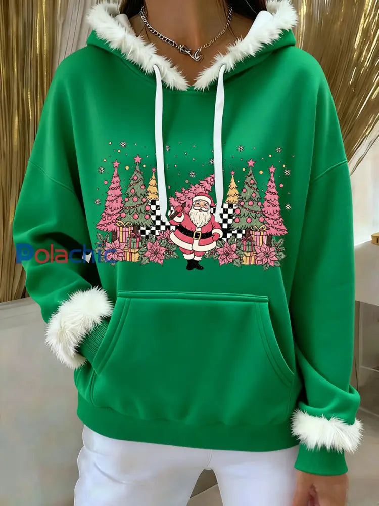 Arbre de Noël Père Noël Imprimer Casual Hoodie Femme Vert / S