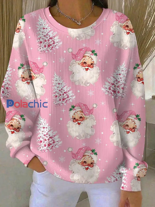 Arbre de Noël Père Noël Imprimer Côtelé Col Rond Sweatshirt Femme Rose / S