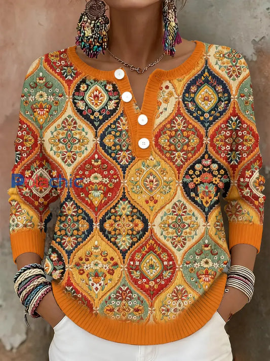 Bohème Boho Floral Art Imprimé Tops Femme Orange / S