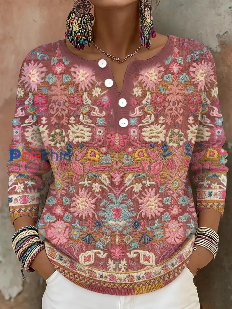 Bohème Boho Floral Art Imprimé Tops Femme Rose / S
