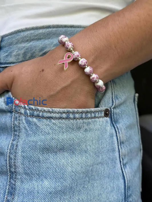 Bracelet Femme Cancer Du Sein En Porcelaine Bleue Et Blanche Ruban Rose Rose / ONE