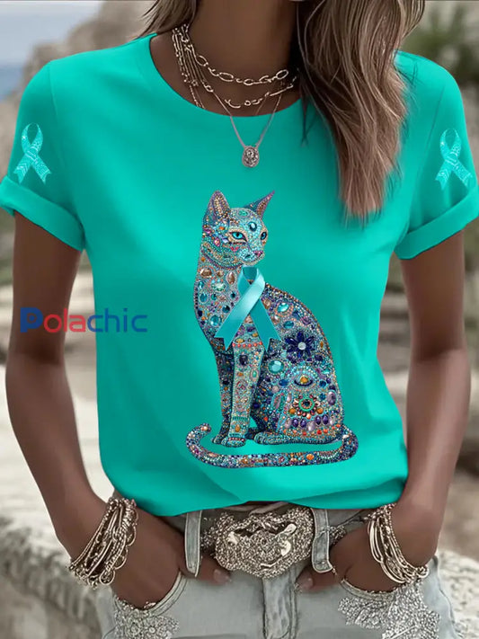 Cancer de l’ovaire chat imprimé mode Vintage lâche T-shirt à manches courtes femmes Bleu-Vert / S