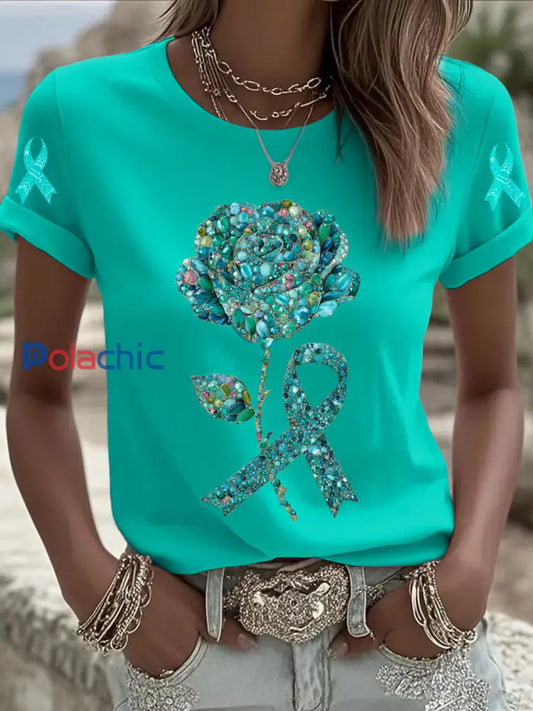 Cancer de l’ovaire imprimé mode Vintage lâche T-shirt manches courtes femmes Bleu-Vert / S
