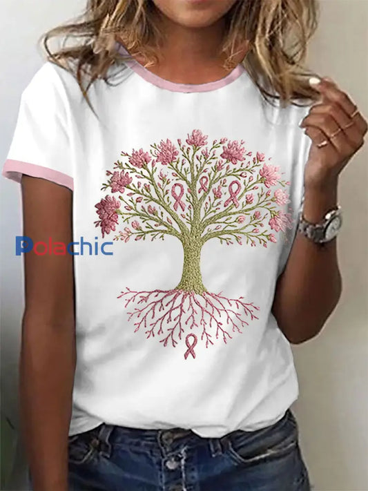 Cancer du sein des femmes Le ruban rose est l’arbre de la santé Imprimer T-shirt Blanc / S
