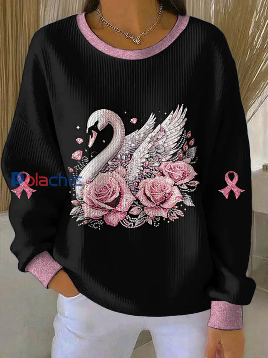 Cancer du sein Swan Imprimé col rond à manches longues Pull Femme Noir / S