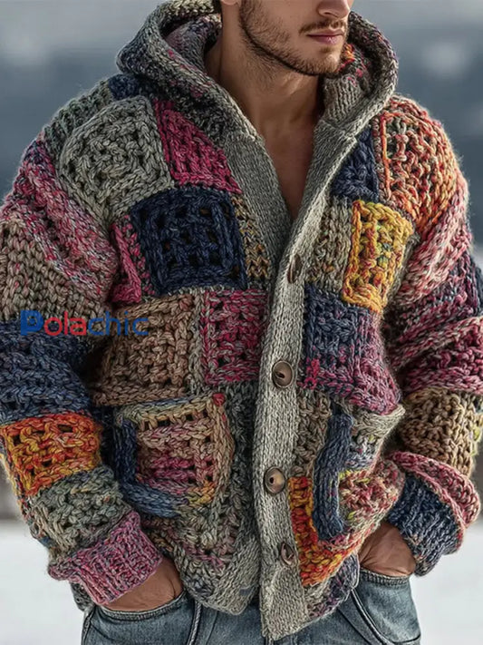 Cardigan à capuche en tricot à motif géométrique pour hommes comme image / S