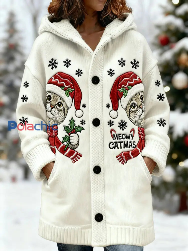 Cardigan à capuche mi-long décontracté à imprimé chat de Noël pour femmes Blanc-Crémeux / S