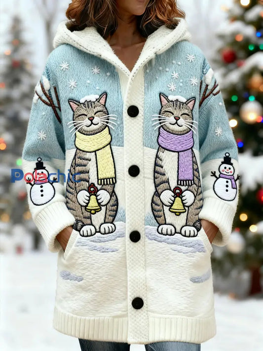 Cardigan à capuche mi-long décontracté à imprimé chat d’hiver pour femmes Bleu clair / S