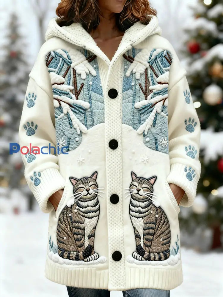 Cardigan à capuche mi-long à imprimé chat mignon femme Blanc-Crémeux / S