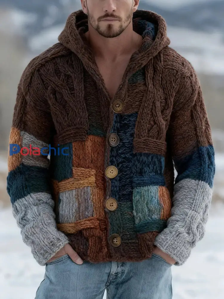 Cardigan à capuche rétro imprimé couleur bloc pour hommes Marron / S
