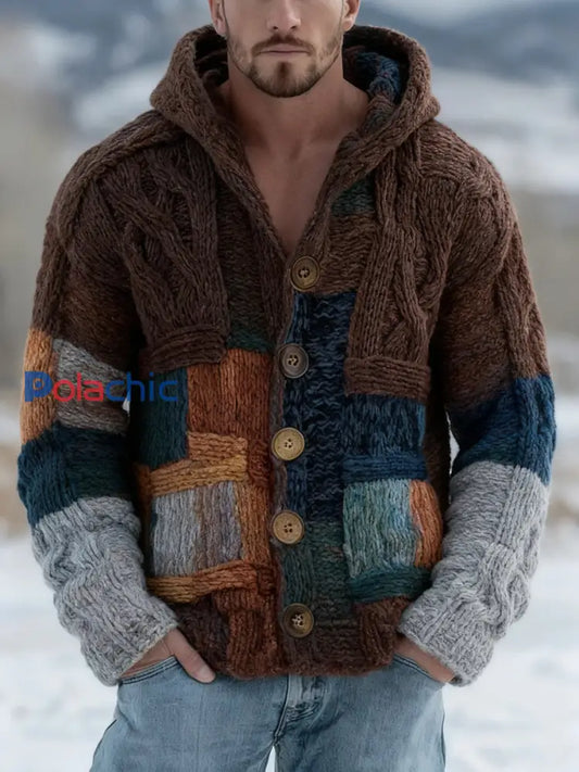 Cardigan à capuche rétro imprimé couleur bloc pour hommes Marron / S