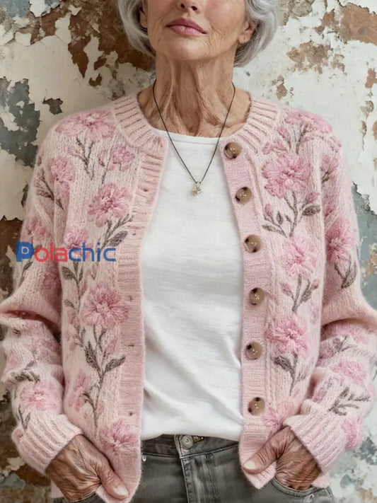 Cardigan chaud confortable floral rose de chandail d’automne et d’hiver des femmes Rose Clair / S