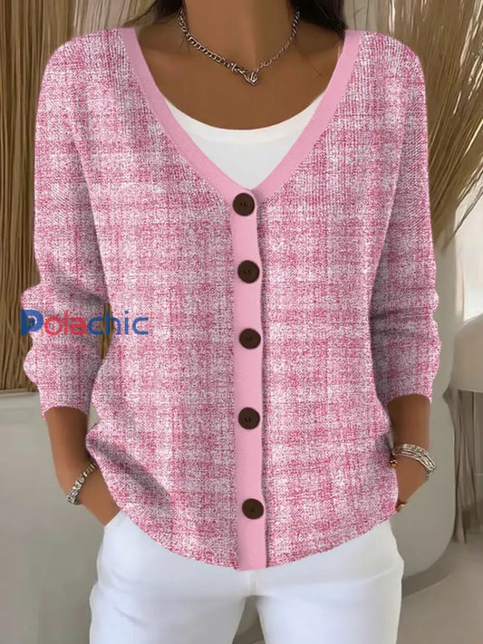 Cardigan Décontracté Femme Rose Imprimé Carreaux Rose / S