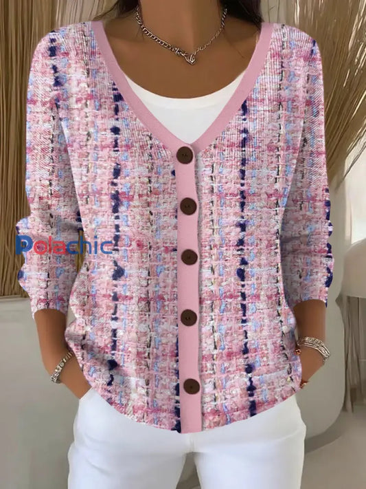 Cardigan Décontracté Femme Rose Imprimé Carreaux Rose / S