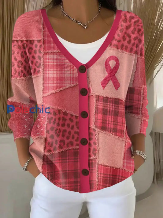 Cardigan Décontracté Femme Rose Ruban Imprimé Sensibilisation au Cancer du Sein comme image / S