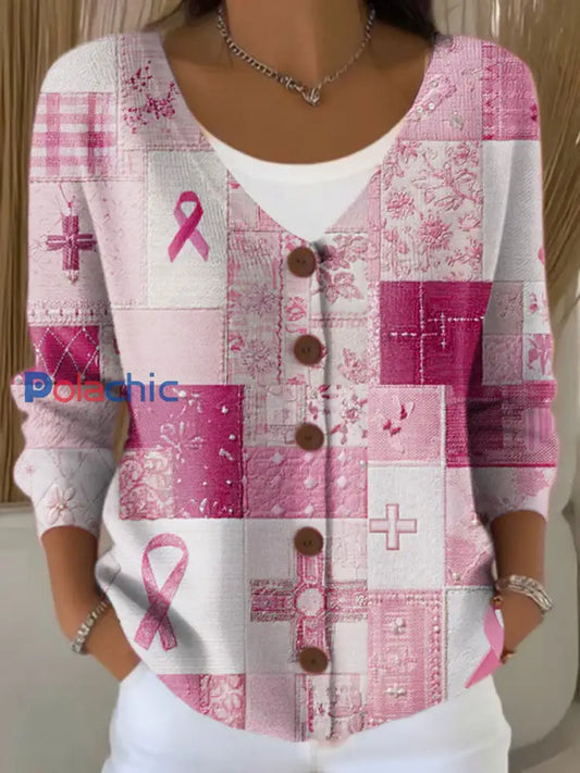 Cardigan Décontracté Femme Rose Ruban Imprimé Sensibilisation au Cancer du Sein Rose / S