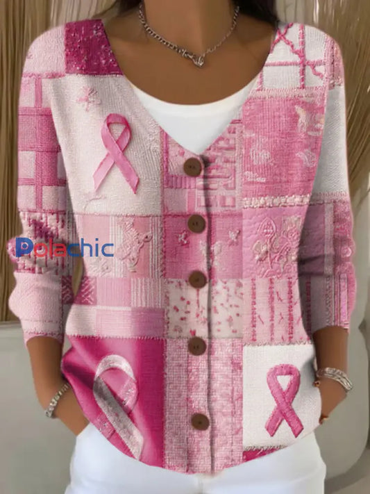 Cardigan Décontracté Femme Rose Ruban Imprimé Sensibilisation au Cancer du Sein Rose / S