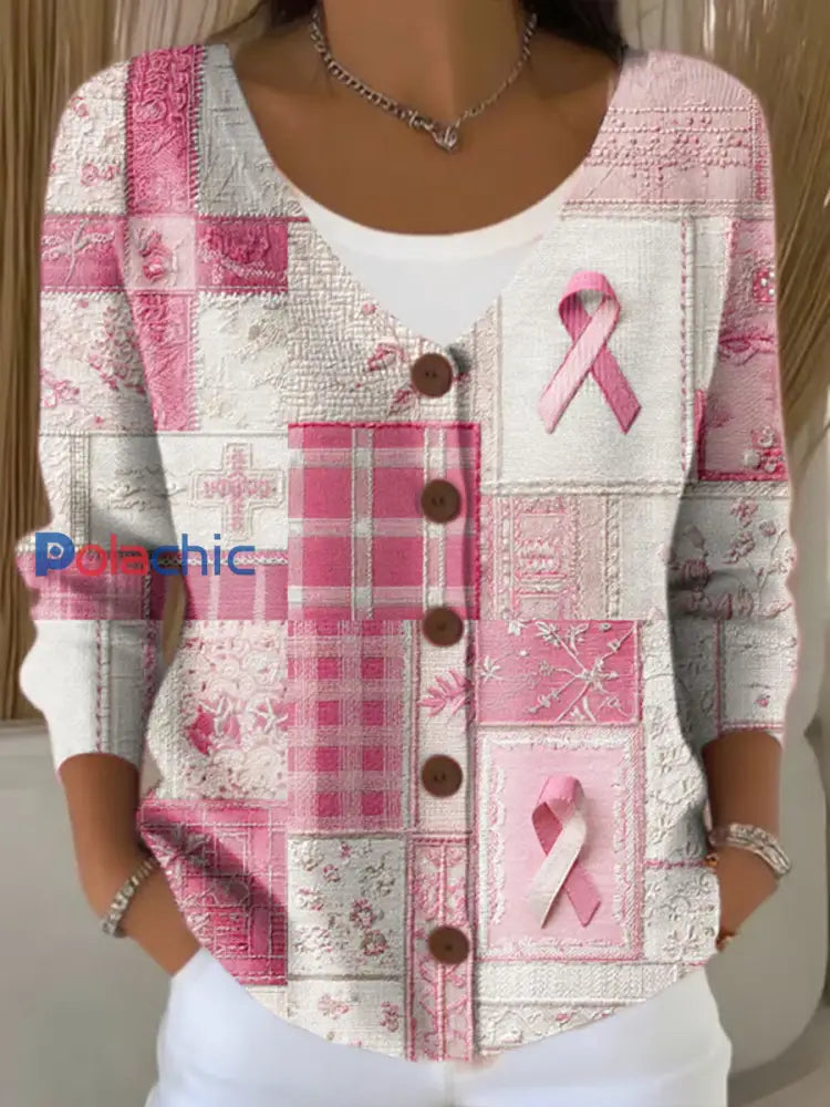 Cardigan Décontracté Femme Rose Ruban Imprimé Sensibilisation au Cancer du Sein Rose / S