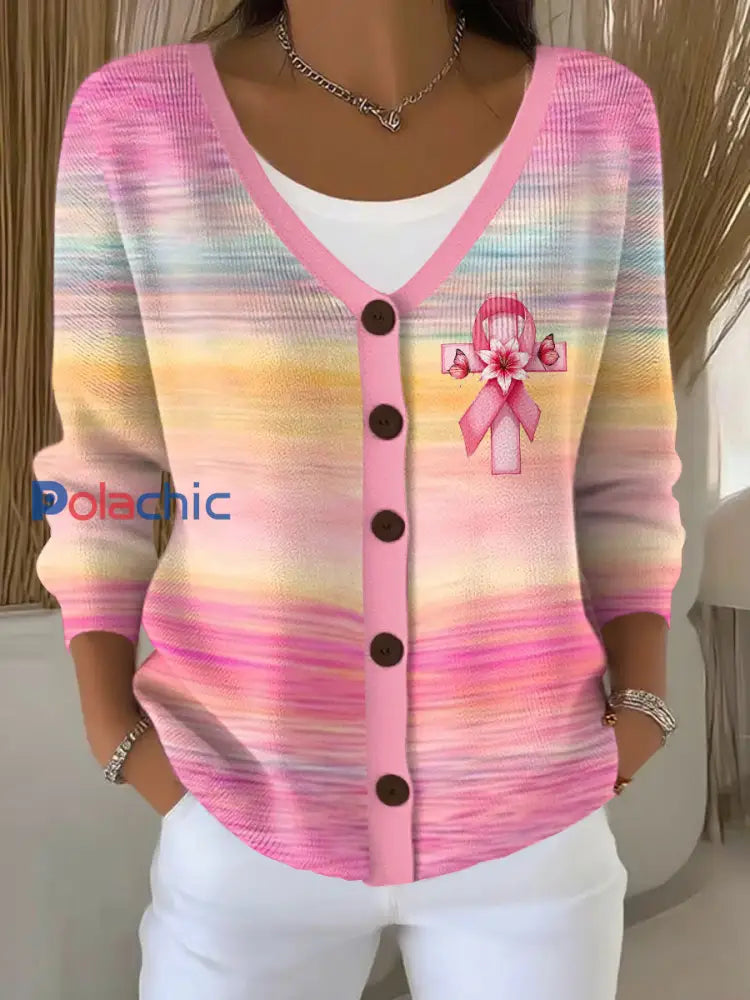 Cardigan Décontracté Femme Rose Ruban Imprimé Sensibilisation au Cancer du Sein Rose / S