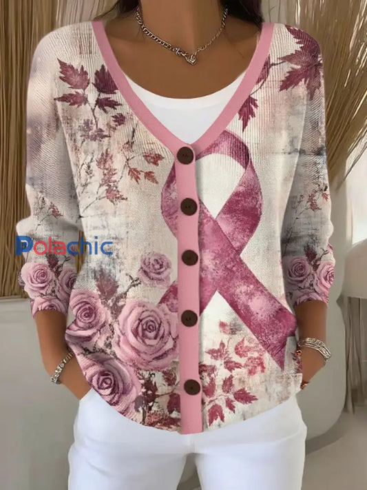 Cardigan Décontracté Imprimé Ruban Rose Pour Femme Rose / S