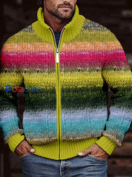 Cardigan en tricot confortable à rayures multicolores pour hommes comme image / S