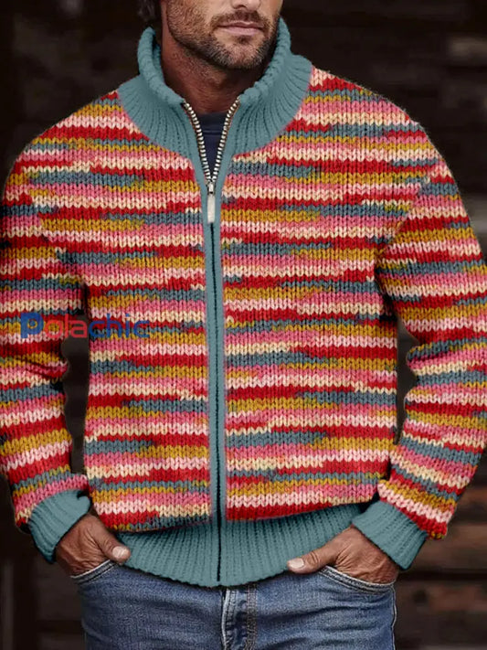 Cardigan en tricot confortable de couleur contrastée vintage pour hommes comme image / S
