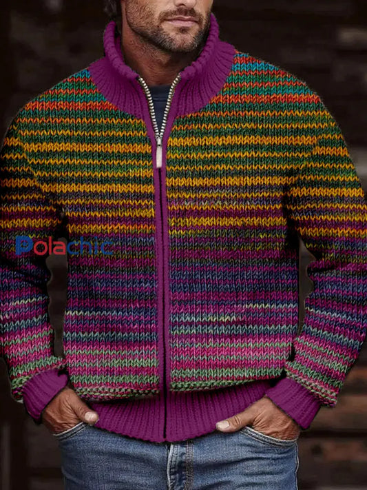 Cardigan en tricot confortable de couleur contrastée vintage pour hommes comme image / S