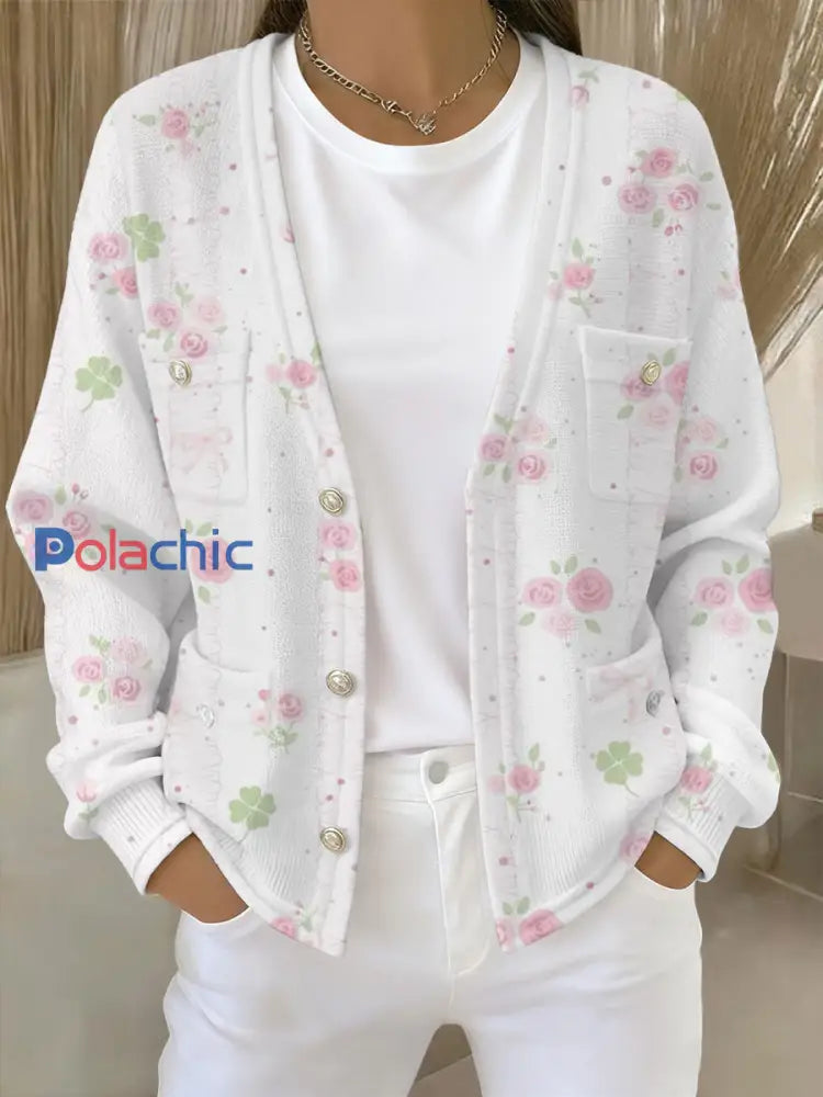 Cardigan Femme Rose Imprimé Floral Avec Poche comme image / S