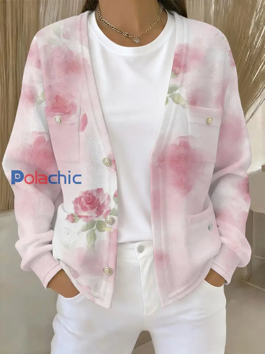Cardigan Femme Rose Imprimé Floral Avec Poche comme image / S