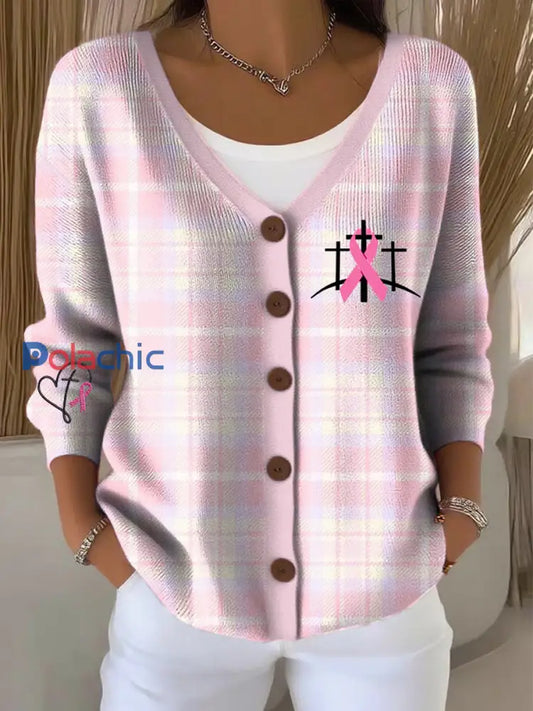 Cardigan Femme Rose Ruban Imprimé Sensibilisation au Cancer du Sein comme image / S