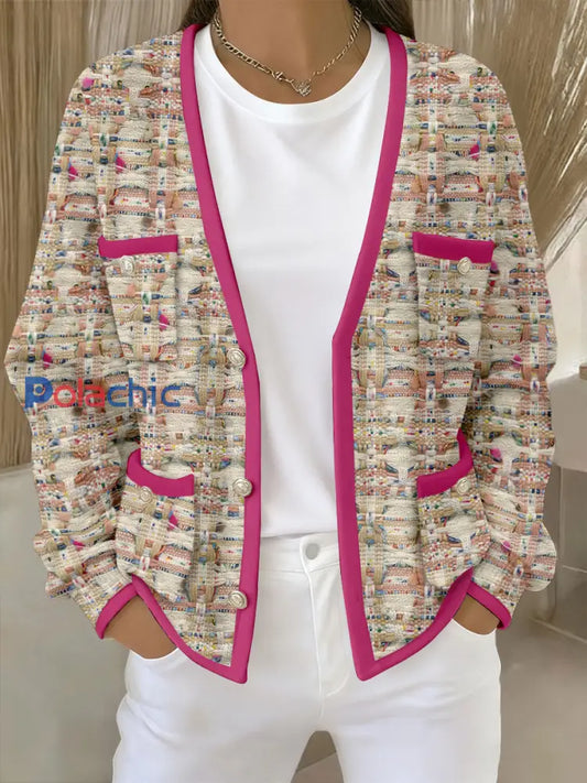 Cardigans Femme Rose Imprimé Géométrique Avec Poche Rose / S