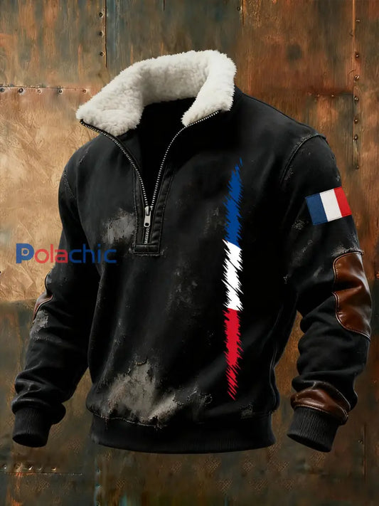Chandail à capuchon avec fermeture éclair France Timbre Baggy Homme Noir / S