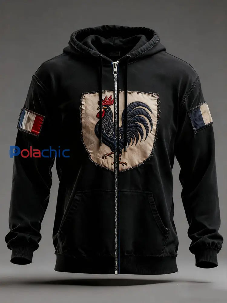 Chandail à capuchon Drapeau Français Le Coq Gaulois Homme Noir / S