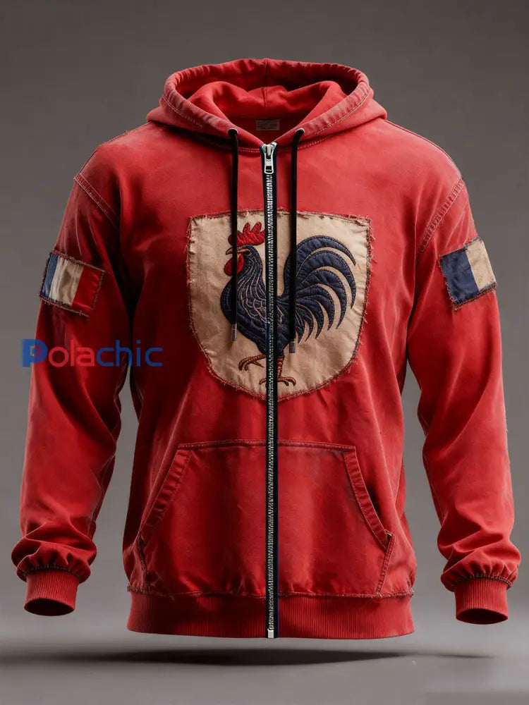 Chandail à capuchon Drapeau Français Le Coq Gaulois Homme Rouge / S