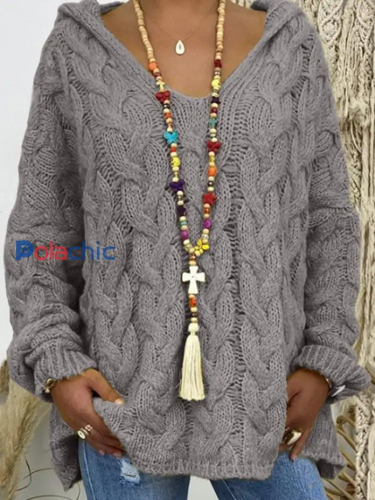 Chandail à capuchon en tricot torsadé à manches longues Femme Gris / S