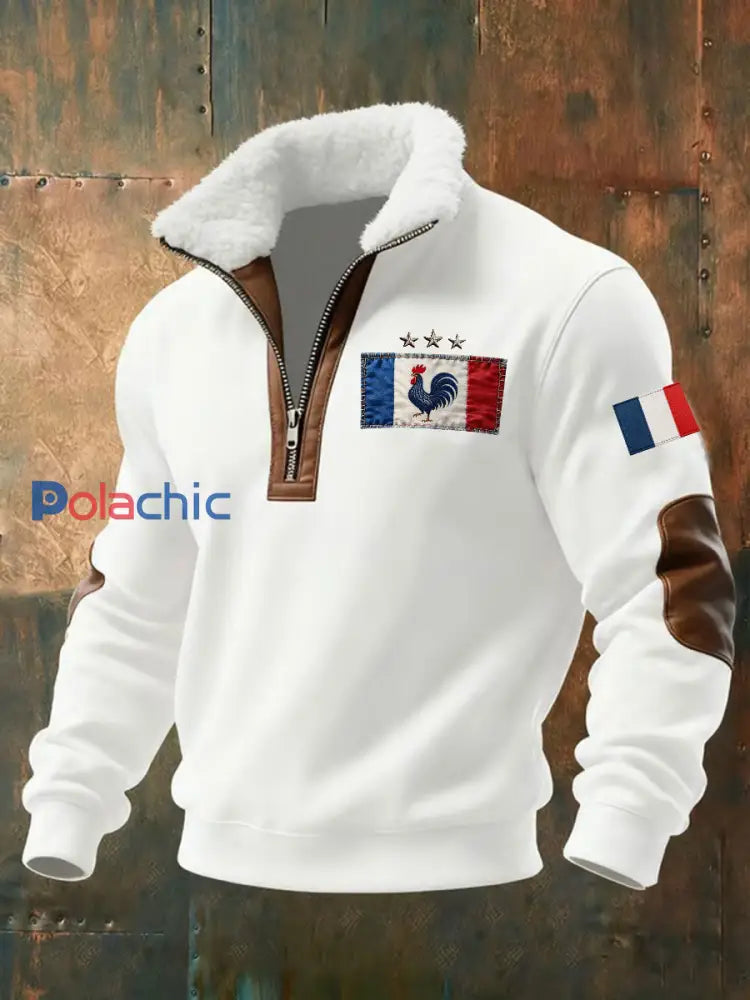 Chandail à capuchon à glissière Baggy Drapeau Français Le Coq Gaulois pour homme Blanc / S