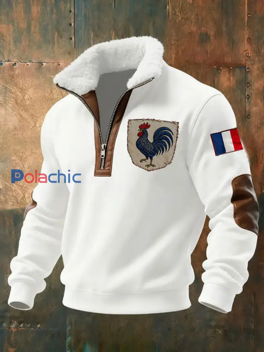 Chandail à capuchon à glissière Baggy Drapeau Français Le Coq Gaulois pour homme Blanc / S