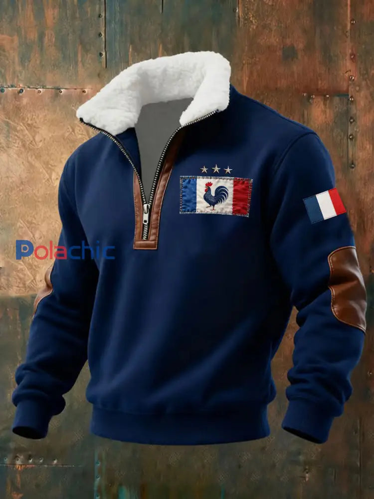 Chandail à capuchon à glissière Baggy Drapeau Français Le Coq Gaulois pour homme Bleu Marine / S