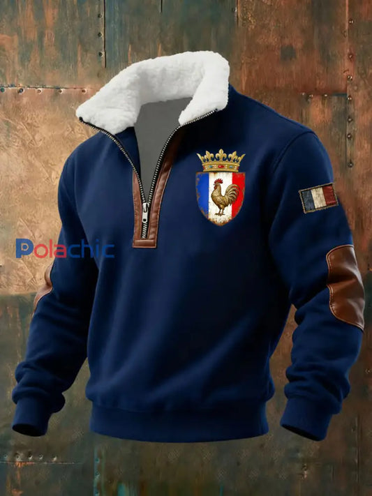 Chandail à capuchon à glissière Baggy Drapeau Français Le Coq Gaulois pour homme Bleu Marine / S