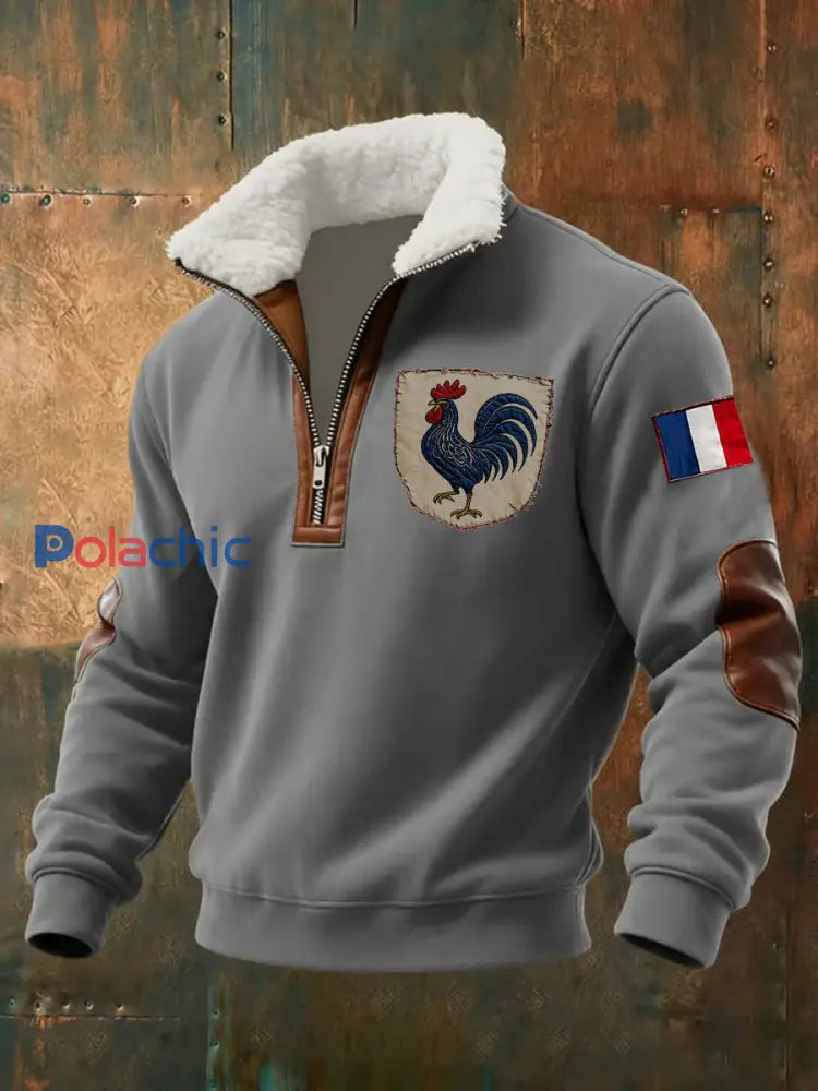 Chandail à capuchon à glissière Baggy Drapeau Français Le Coq Gaulois pour homme Gris / S