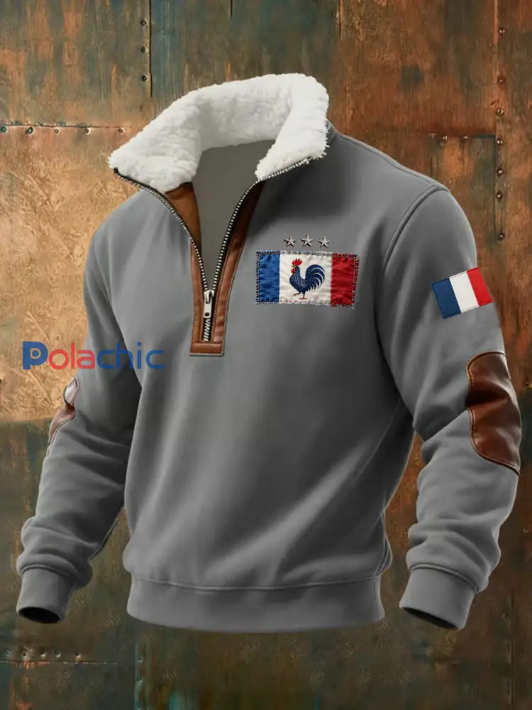Chandail à capuchon à glissière Baggy Drapeau Français Le Coq Gaulois pour homme Gris / S