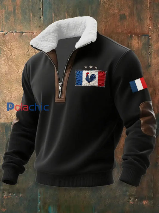 Chandail à capuchon à glissière Baggy Drapeau Français Le Coq Gaulois pour homme Noir / S
