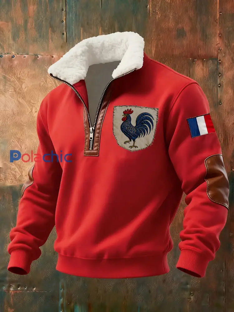 Chandail à capuchon à glissière Baggy Drapeau Français Le Coq Gaulois pour homme Rouge / S