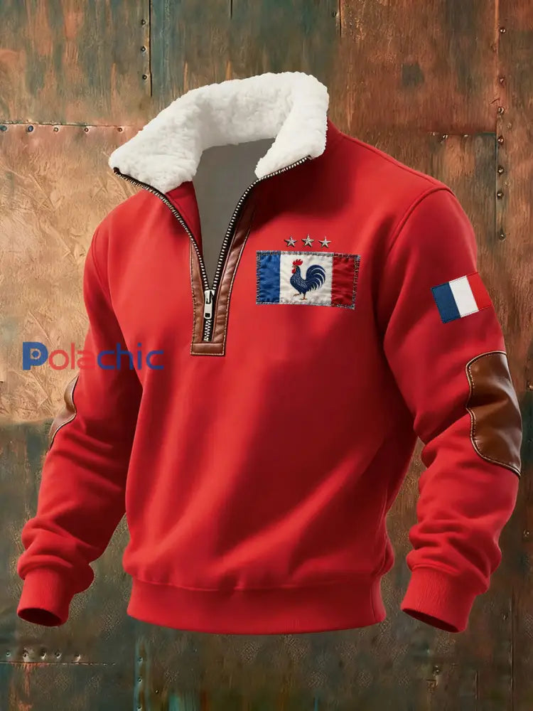 Chandail à capuchon à glissière Baggy Drapeau Français Le Coq Gaulois pour homme Rouge / S